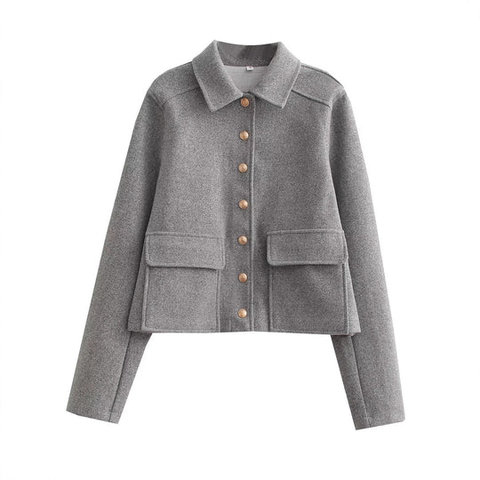 Damen Kurztaillierte Wolljacke mit Zierknöpfen und Pattentaschen Shop Nory