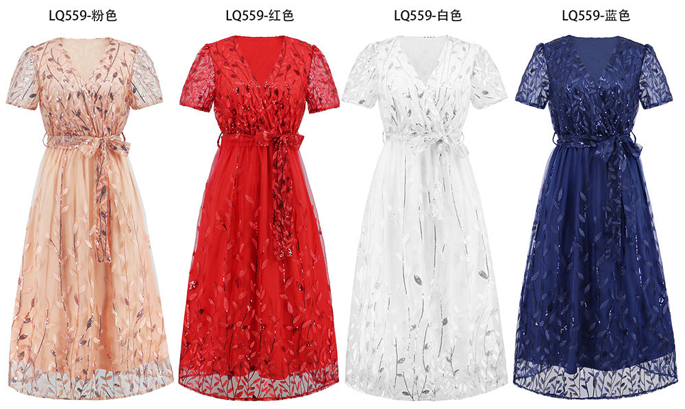 Kurzärmliges Kreuz V-Ausschnitt Gürtel Midi Kleid