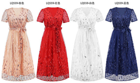 Kurzärmliges Kreuz V-Ausschnitt Gürtel Midi Kleid