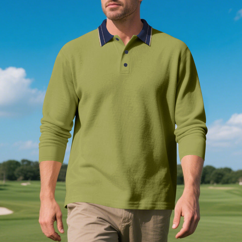 Herren elegantes Langarm-Polohemd mit kontrastierendem Kragen und modischen Knopfdetails