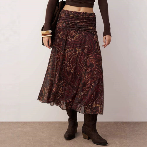 Damen Midirock im Boho‑Stil mit gerafftem Hüftbund und Paisley‑Print Shop Nory