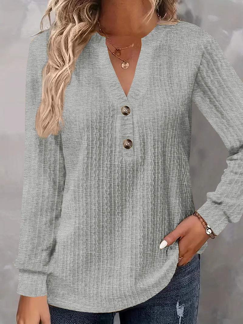 Damen Strukturiertes V‑Neck Langarmshirt mit Zierknopfleiste Shop Nory