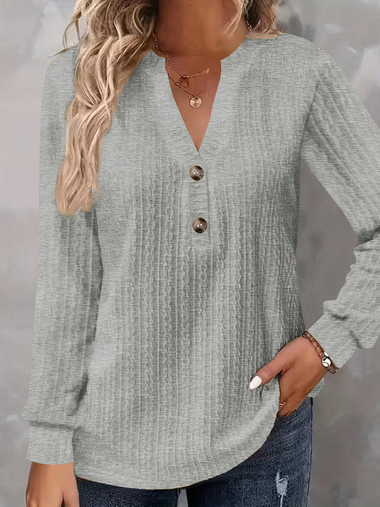 Damen Strukturiertes V‑Neck Langarmshirt mit Zierknopfleiste Shop Nory