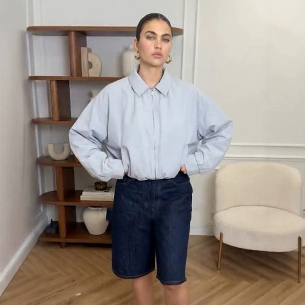 Damen Kurze Boxy-Hemdjacke mit Reißverschluss und elastischem Saum Shop Nory