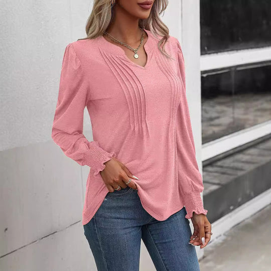 Damen nan Langarmshirt mit V-Ausschnitt, dekorativen Kellerfalten vorn und elastischen Smokbündchen Shop Nory