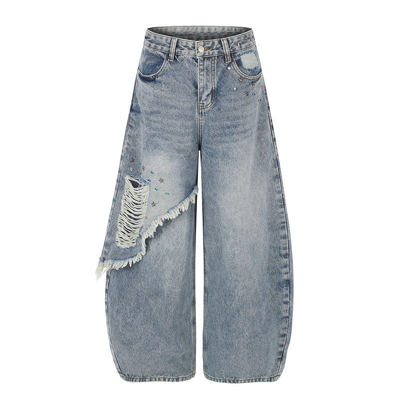 Damen High‑Waist weite Palazzo-Jeans mit asymmetrischem Fransen-Detail und Strassapplikation Shop Nory