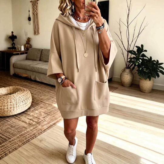 Damen Oversize Hoodie-Kleid mit Kängurutaschen und halblangen Ärmeln Shop Nory