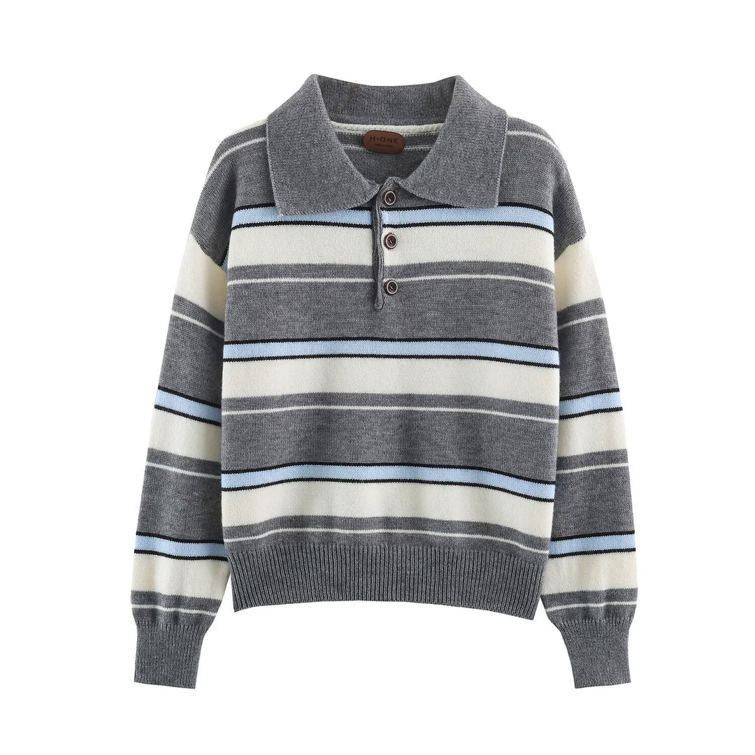 Damen Gestreifter Oversize-Pullover mit Polokragen und V-Ausschnitt Shop Nory