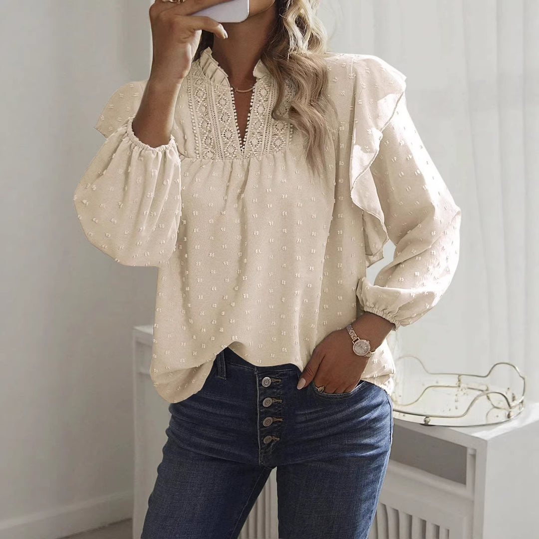 Damen Viskose-Bluse mit Spitzenstickerei und Volantärmeln Shop Nory