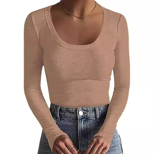 Damen Schmal geschnittenes Langarm-Feinstricktop mit weitem U-Ausschnitt Shop Nory