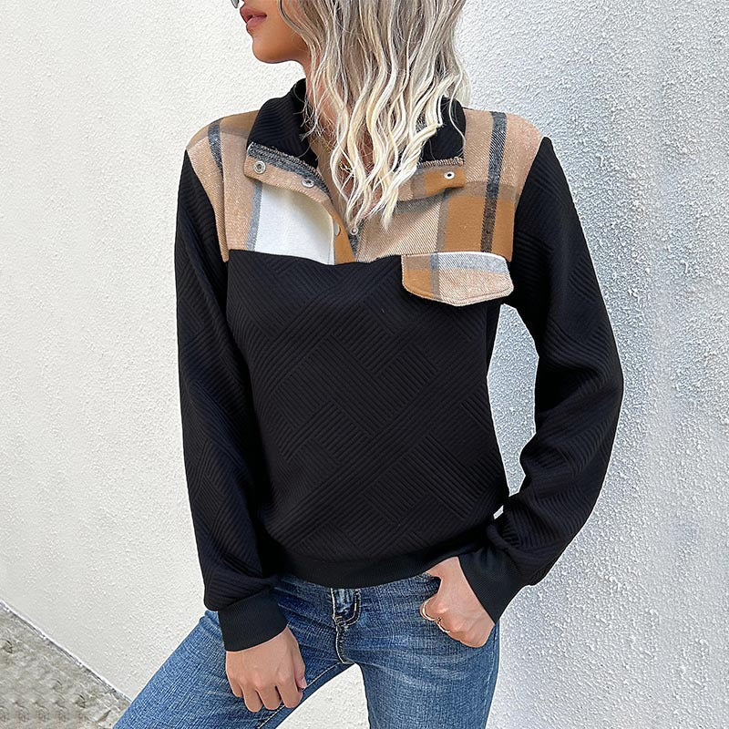 Damen Stepp-Sweatshirt mit Karodetail, Knopfblende und geripptem Bund Shop Nory