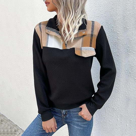 Damen Stepp-Sweatshirt mit Karodetail, Knopfblende und geripptem Bund Shop Nory