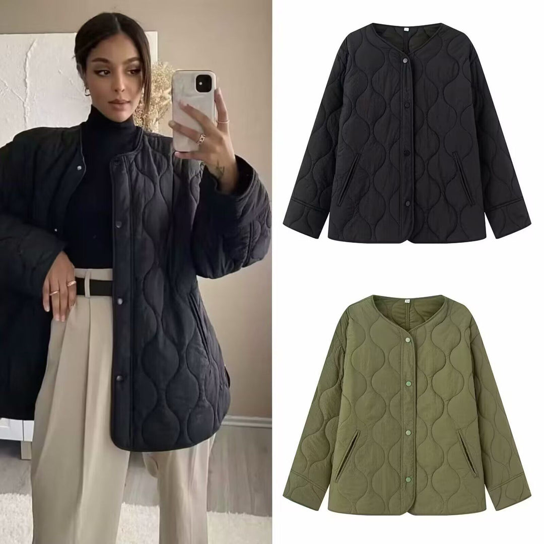 Damen Leicht gesteppte Oversize-Jacke mit Rundhals, Druckknopfleiste und Eingrifftaschen Shop Nory