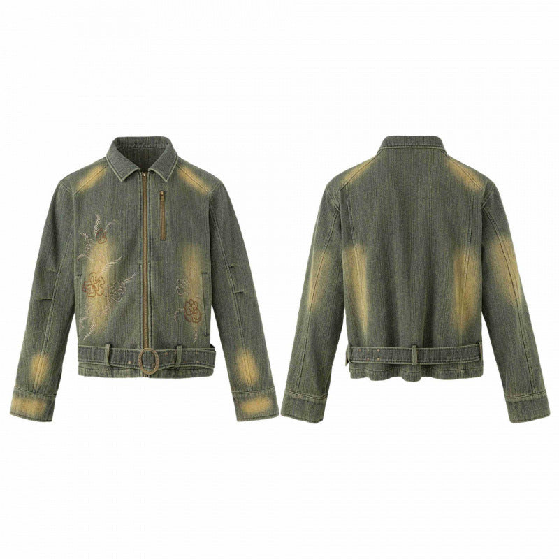 Unisex Kurz geschnittene Denimjacke mit Stickerei, Taillengürtel und Frontreißverschluss Shop Nory