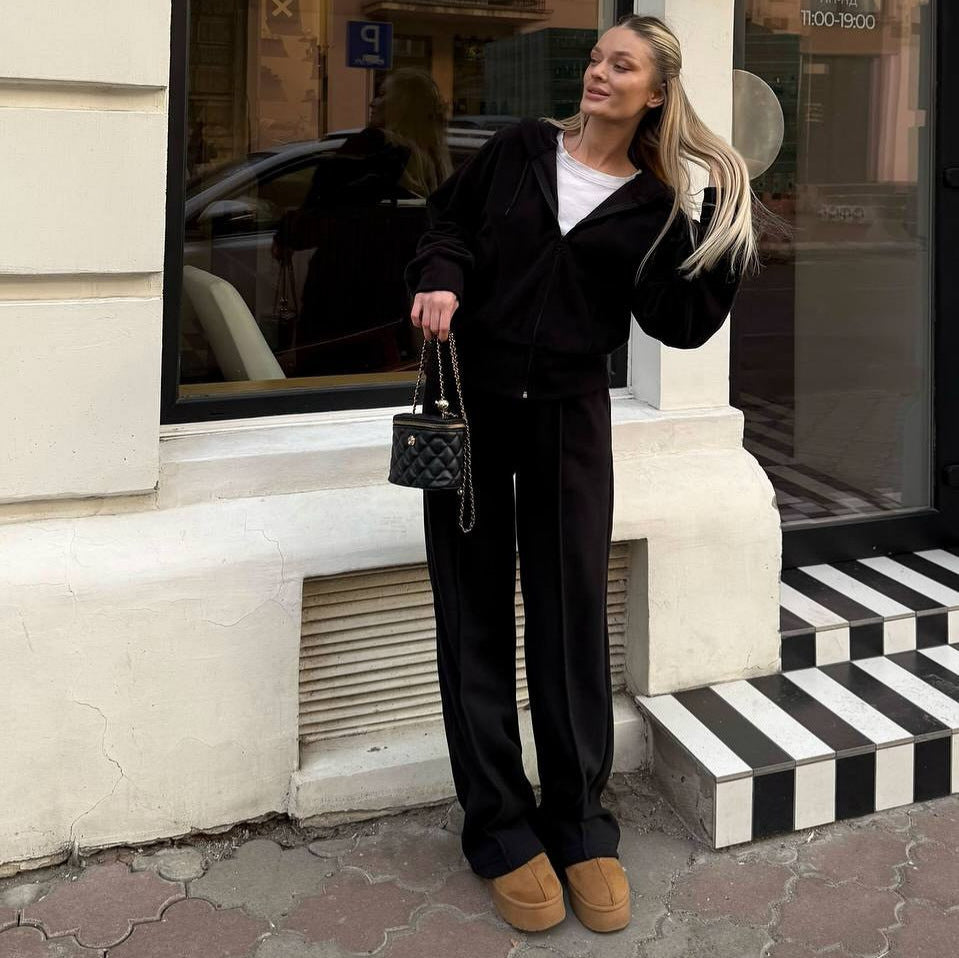 Damen Fleece-Lounge-Set mit kurzem Reißverschluss-Hoodie und taillenhoher Kordel-Jogginghose Shop Nory