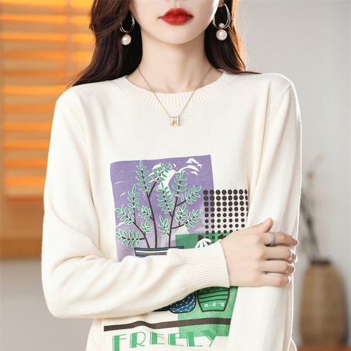 Damen Leichter Rundhalspullover mit grafischem Pflanzenprint und feinem Feinstrick Shop Nory