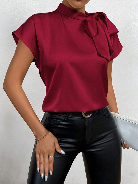 Satinbluse Kurzarm Hoher Kragen mit Schleife Eleganter Entspannter Schnitt