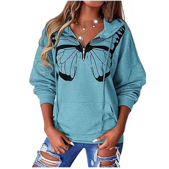 Damen Kapuzenpullover mit halbhohem Reißverschluss und Schmetterlingsprint Shop Nory