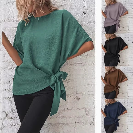 Damen Oversize Kurzarm-Top mit seitlicher Schleife und Crinkle-Struktur Shop Nory