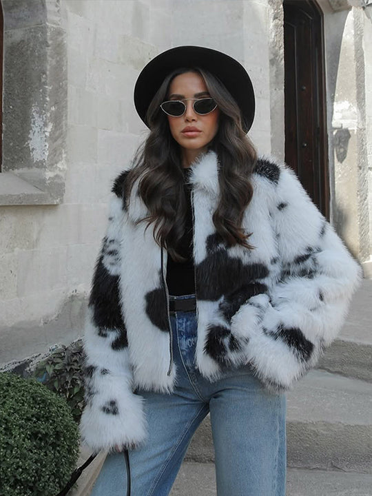 Damen Kurz geschnittener Faux‑Fur‑Bomber mit Fleckenmuster Shop Nory