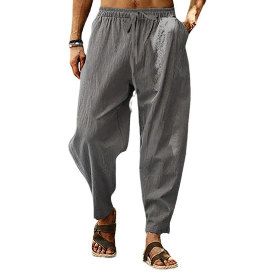 Herren weite Leinenfreizeithose mit elastischem Tunnelzugbund, tiefem Schritt und konischer Knöchellänge Shop Nory