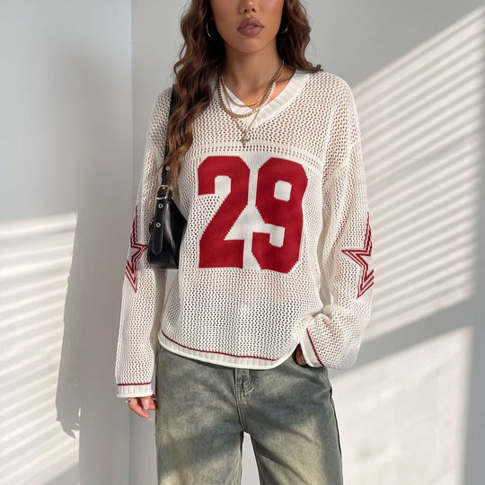 Damen Oversize Netz-Strick Cropped Pullover mit V-Ausschnitt Shop Nory