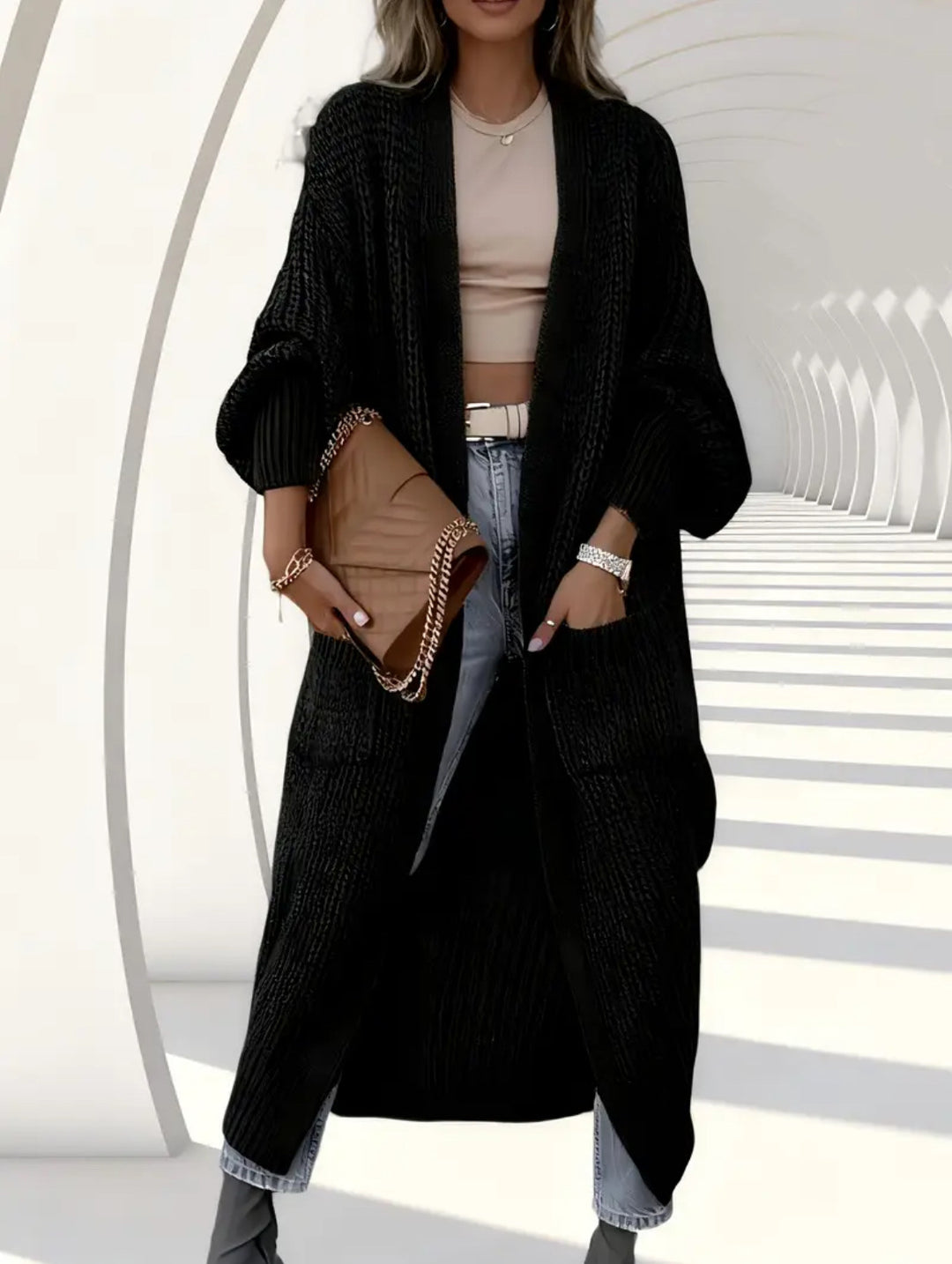 Damen Langer Offener Grobstrick-Mantelcardigan mit Flechtstruktur und überschnittener Schulter Shop Nory