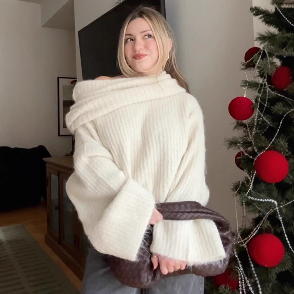Damen Oversize Schulterfreier Rippstrick-Pullover mit weiten Glockenärmeln Shop Nory