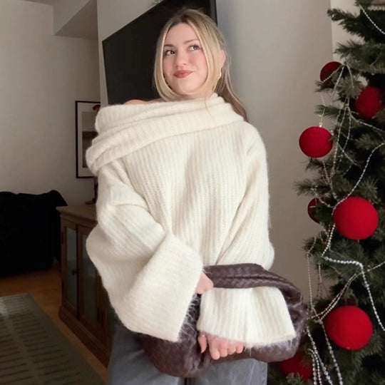 Damen Oversize Schulterfreier Rippstrick-Pullover mit weiten Glockenärmeln Shop Nory