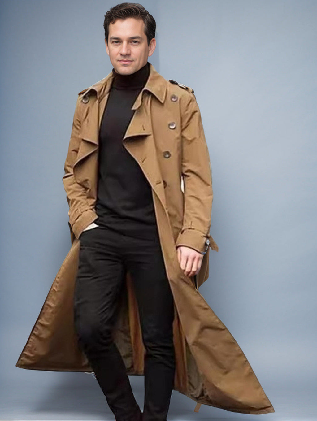 Herren langer Trenchcoat mit modernem Schnitt und praktischen Taschen