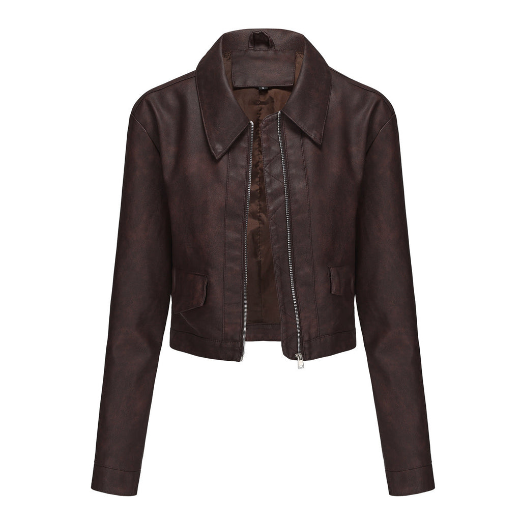 Damen modische cropped Kunstlederjacke mit klassischem Wellenkragen