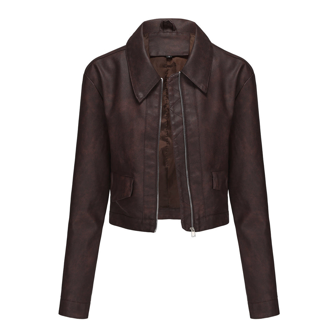 Damen modische cropped Kunstlederjacke mit klassischem Wellenkragen