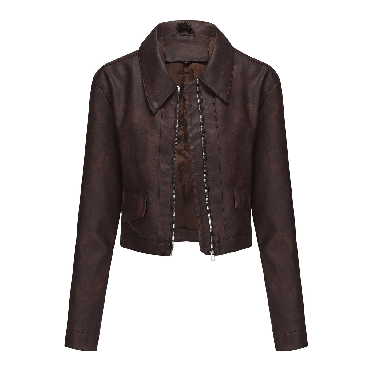 Damen modische cropped Kunstlederjacke mit klassischem Wellenkragen
