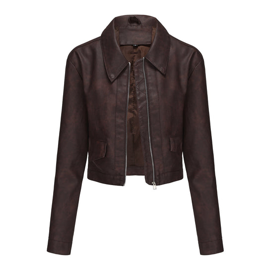 Damen modische cropped Kunstlederjacke mit klassischem Wellenkragen