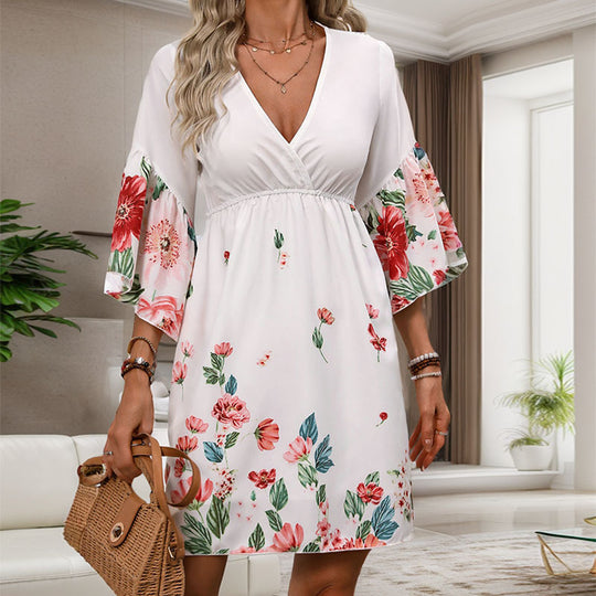 Damen Midikleid mit V-Ausschnitt, Empire-Taille und ausgestellten Flügelärmeln Shop Nory