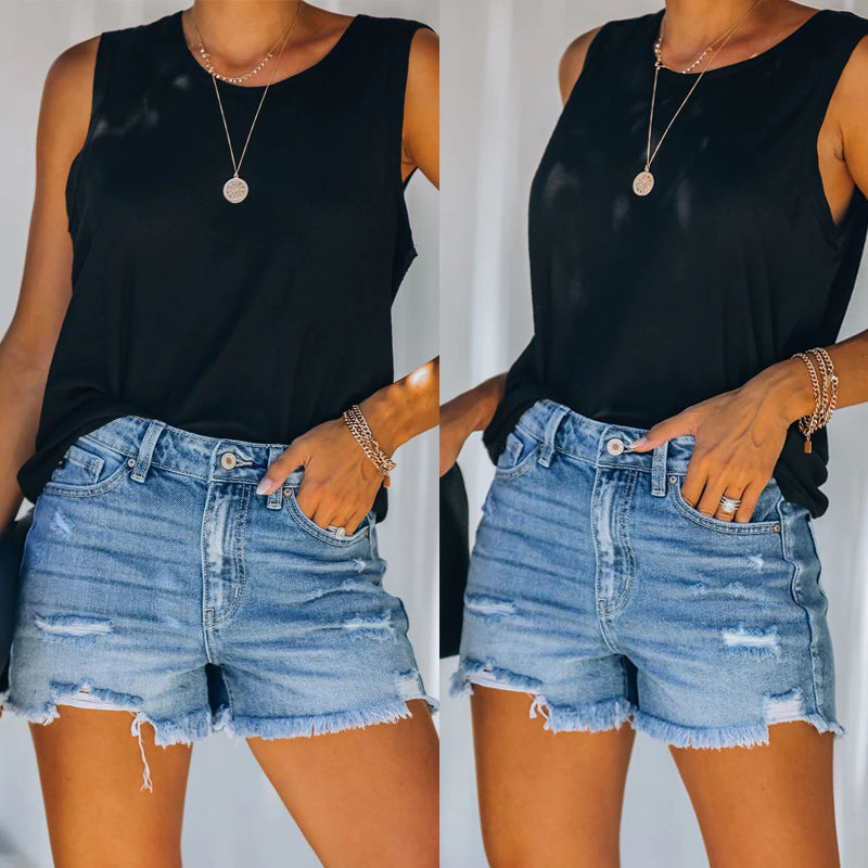 Damen Hochtaillierte Destroyed Jeansshorts