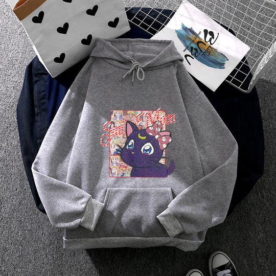 Damen nan Oversize-Kapuzenpullover mit glitzerndem Anime-Katzen-Motiv, Kängurutasche und weichem Fleece-Innenfutter Shop Nory