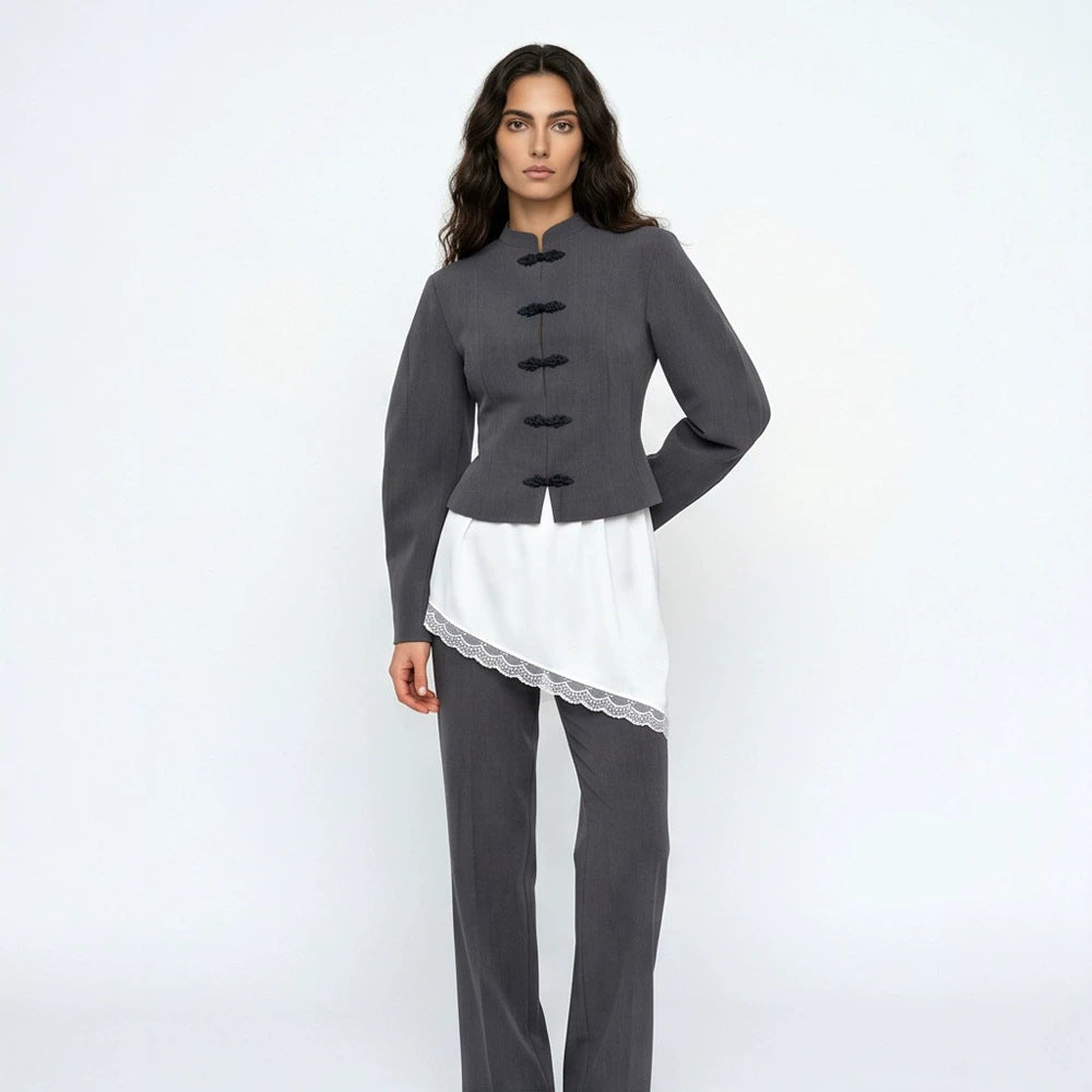 Damen Taillierter Cropped-Blazer mit Mandarin-Kragen und Zierknotenverschluss Shop Nory