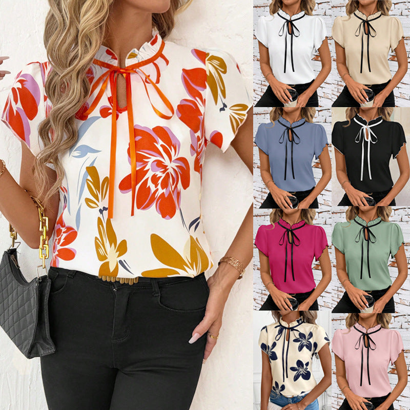 Damen Kurzarmbluse mit Rüschenkragen, Bindeband und floralem Print Shop Nory