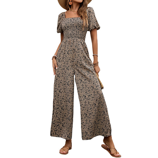 Damen Floraler Smocked-Jumpsuit mit Karree-Ausschnitt, Puffärmeln und weitem Beinschnitt Shop Nory