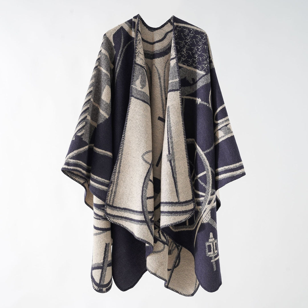 Damen Wollmix-Reversible Cape mit grafischem Jacquard und offenem Kimonofall Shop Nory