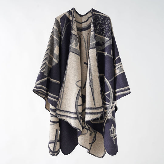 Damen Wollmix-Reversible Cape mit grafischem Jacquard und offenem Kimonofall Shop Nory