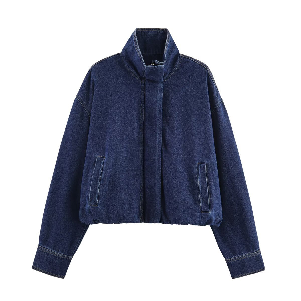 Damen modische Denimjacke mit hohem Kragen und seitlichen Taschen