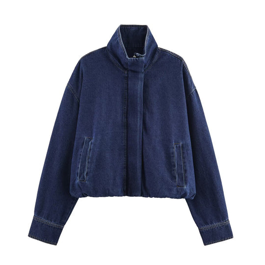 Damen modische Denimjacke mit hohem Kragen und seitlichen Taschen