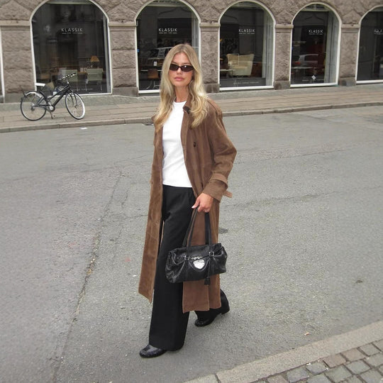 Damen Langer Wildleder‑Trenchcoat mit doppelreihiger Knopfleiste Shop Nory