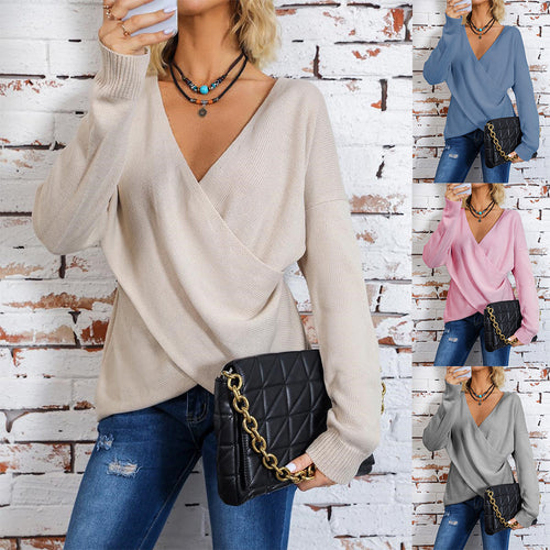 Damen Wickel-Strickpullover mit tiefem V-Ausschnitt und überschnittenen Ärmeln Shop Nory