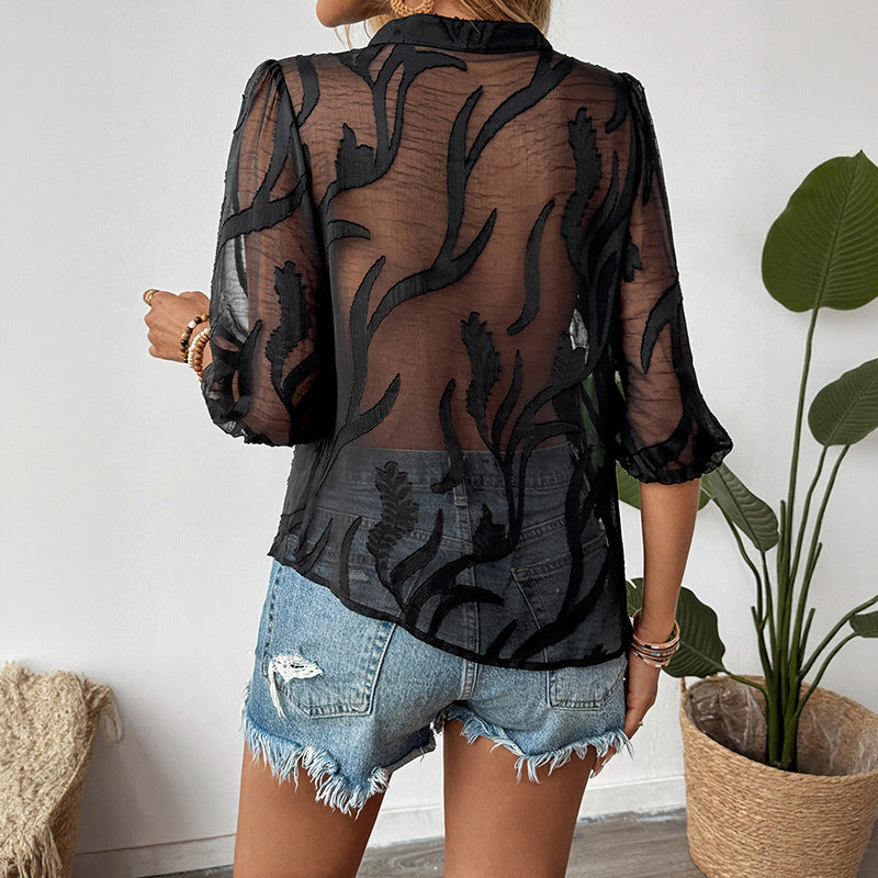Damen Leichte Chiffon-Bluse mit Jacquardstruktur, V-Knopfleiste und dreiviertelärmeln Shop Nory