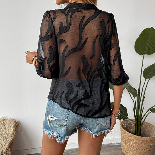 Damen Leichte Chiffon-Bluse mit Jacquardstruktur, V-Knopfleiste und dreiviertelärmeln Shop Nory