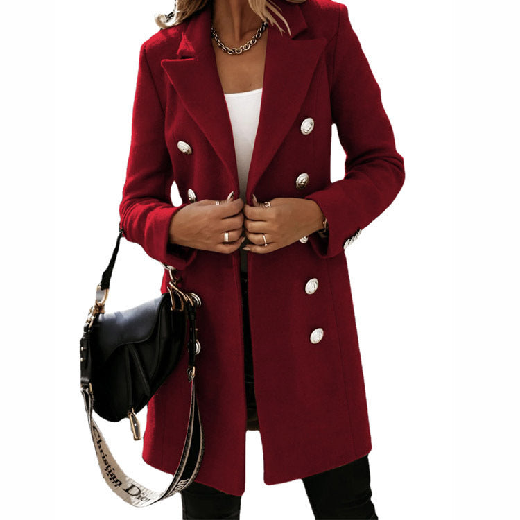 Damen Doppelreihiger Wollmix-Mantel mit Reverskragen und silbernen Zierknöpfen Shop Nory