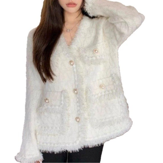 Damen Flauschige Strickjacke mit Perlen-Dekor Shop Nory